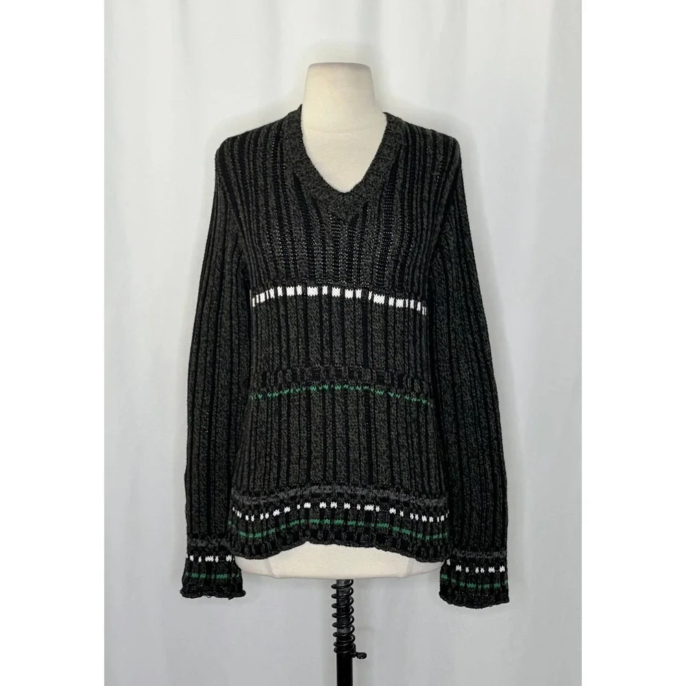 DRIES‎ VAN NOTEN Green Striped Pullover Knit Sweater V Neck Medium